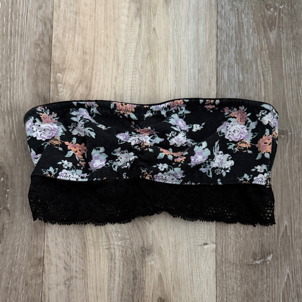 Floral Lace Bandeau Strapless Bralette - Black Floral